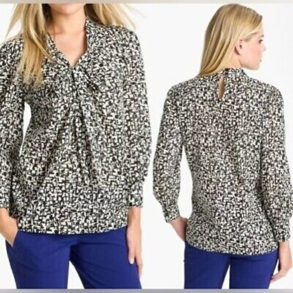 Kate Spade Reade Tie Neck Patterned Blouse in Black/White Size 6 - Picture 1 of 16